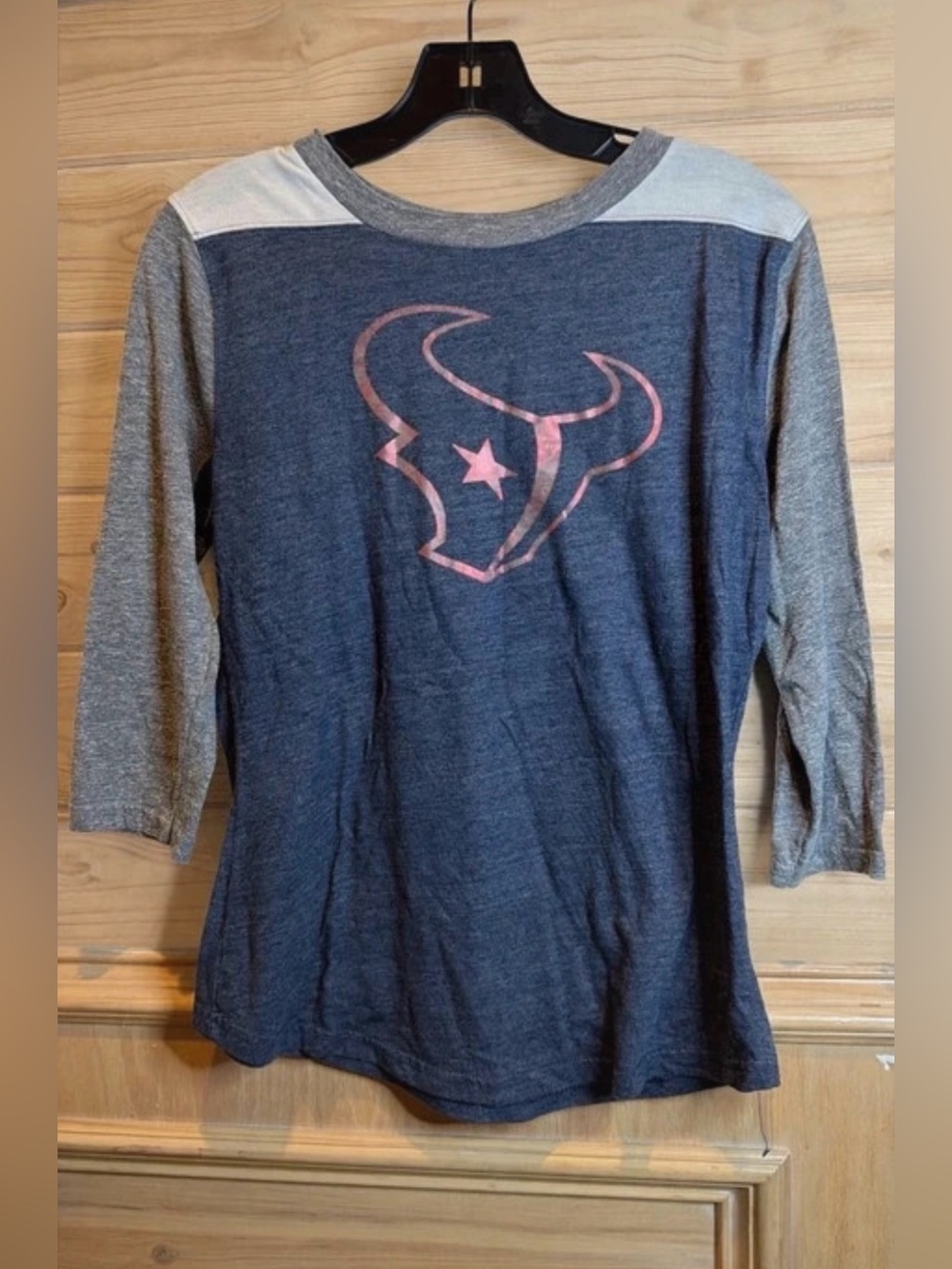 Fanatics Navy & Gray Houston Texans Pink Logo Raglan Long Sleeve Tee